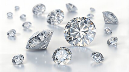Panoramic shot of finely cut diamonds on a white background, reflecting light on the surface. (Jewelry)