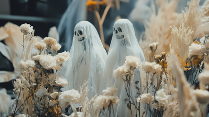 A garden party theme with dried flowers and ghostly figures. Ghostleaf Bloom. Illustration