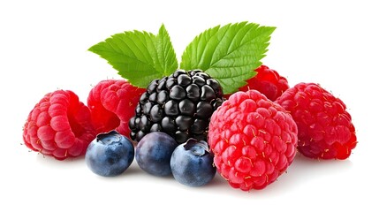Fresh Blackberries and Blueberries with Raspberries on White Background