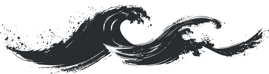 Abstract black and white artistic illustration of ocean waves with splashes and dynamic motion