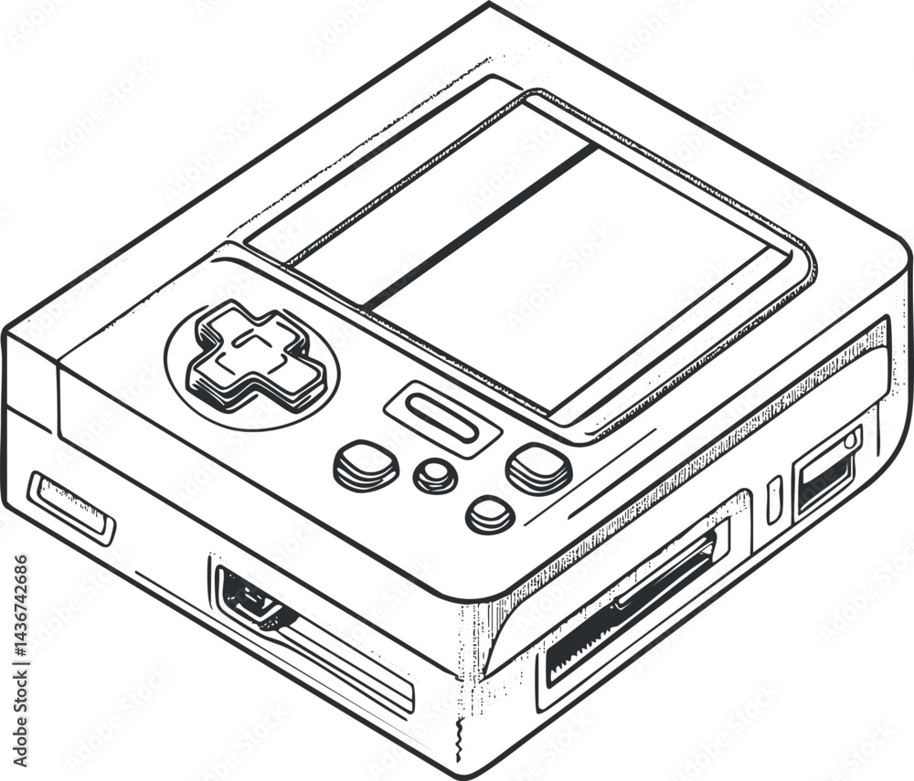 Poster black and white line drawing of a handheld game console with screen and control buttons for gaming
