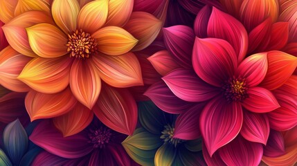 Vibrant Red Orange Yellow Dahlia Flowers Close Up