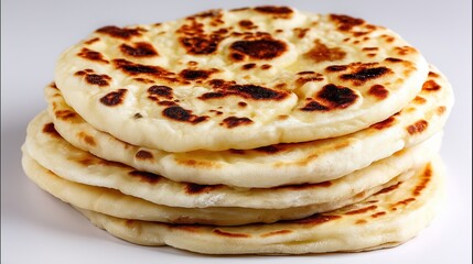 stack of fluffy flatbreads freshly baked with golden brown spots sits invitingly on white surface isolated on png transparent background