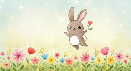 Adorable Brown Bunny Rabbit Hopping in Spring Flower Meadow Watercolor Illustration