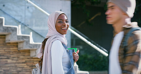 University, campus and portrait of Islamic woman with smile, backpack and study opportunity in education. Muslim, culture and happy college student in hijab on morning commute for learning in Rwanda