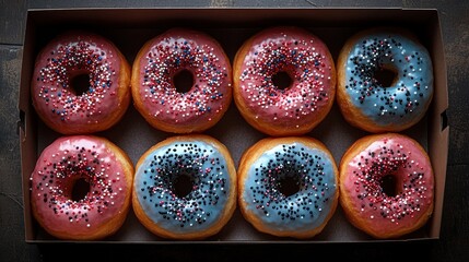 Eight donuts in a box with pink and blue frosting and sprinkles.