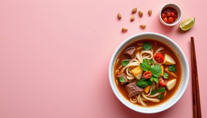 Tempting beef pho in the bottom right corner on a blush pink background, in a clean food photography style, with natural radiance, spacious layout, high resolution