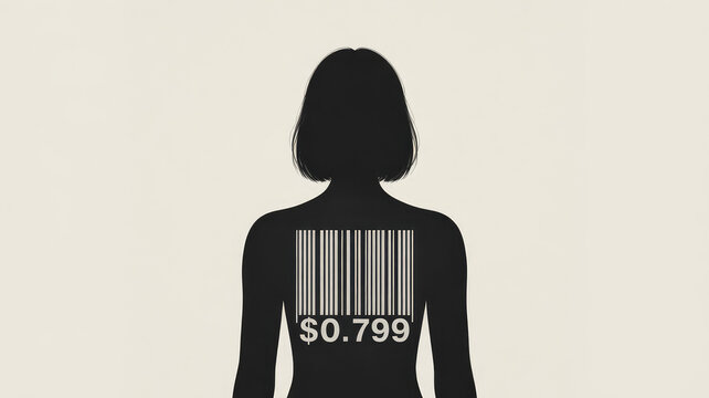 Human Barcode: A stark, thought-provoking depiction of a woman's silhouette, bearing a barcode symbolizing economic value, challenges societal perceptions of worth, sparking reflection.