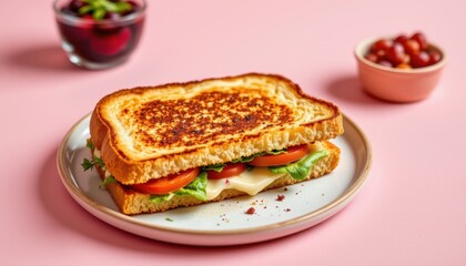 Tempting croque monsieur in the bottom right corner on a blush pink background, in a clean food photography style, with bright ambient radiance, spacious layout, high resolution
