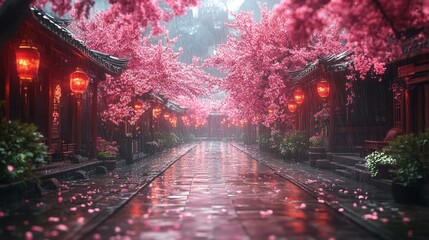 Naklejka premium Street with traditional buildings lined with pink blossom trees and red lanterns.