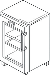 Black and white line drawing of a modern refrigerator with a transparent door and shelves inside.
