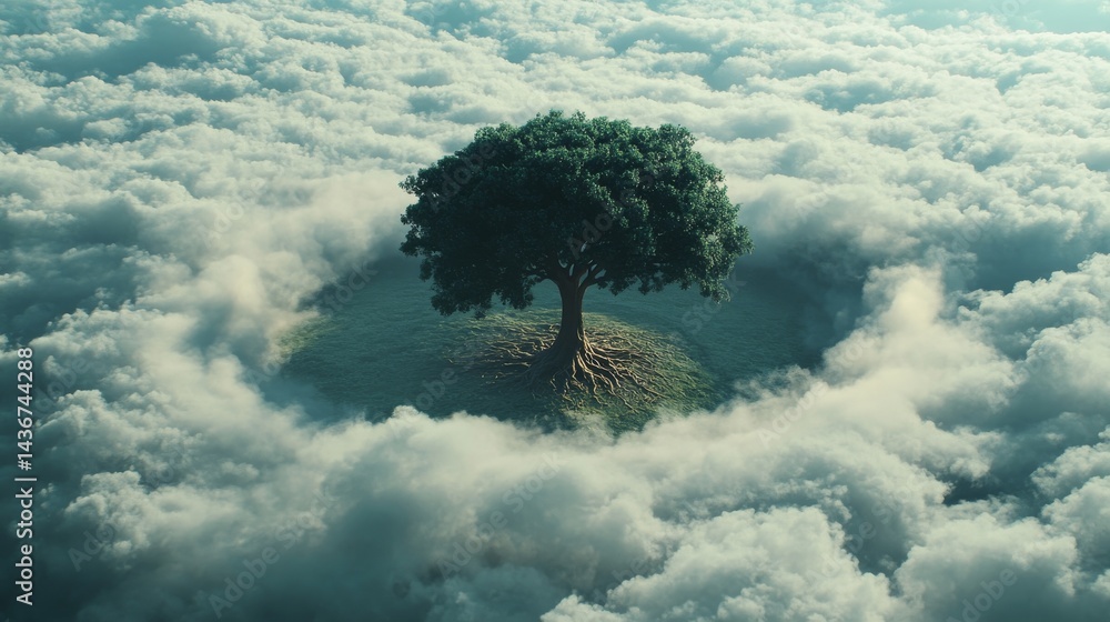 Poster a mystical tree creates a circular gateway to a cloudy sky, accompanied by portal and dimensional ef