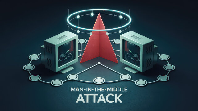 "Man-in-the-Middle Attack": A sophisticated digital illustration of a "Man-in-the-Middle" attack, highlighting cybersecurity concepts and the complex nature of data breaches and online security.