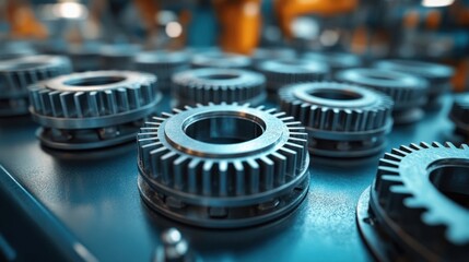 Metal gears arranged on a surface in a factory or workshop environment.