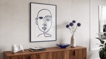 Artwork Display: A stylish interior scene features an artistic face line drawing, enhanced by natural textures, elegant wooden furniture, and a modern aesthetic. 