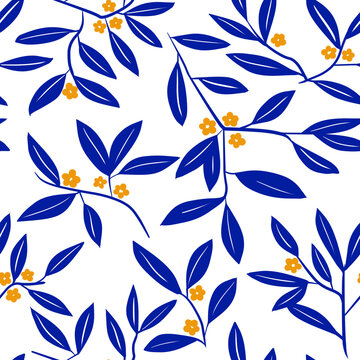 timeless seamless blue foliage with yellow flower pattern, mediterranean, greek blue pattern for summer, stationery, fabric designs