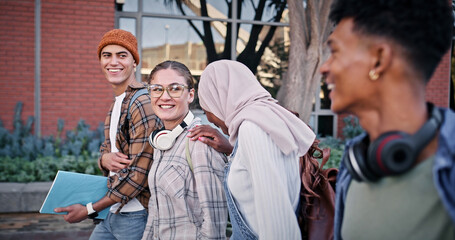 College, students and walking outdoor on campus with university talk, conversation and laughing for joke. Friends, group and people with learning, break and communication for scholarship or knowledge