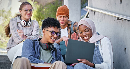 Group, education and studying in campus, video call and wave for contact and communication with friends. Laptop, greeting and outdoor at college, students and people with smile, stairs and backpack