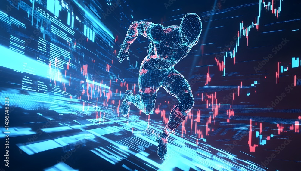 Aufkleber Abstract digital representation of a person running through a data stream.