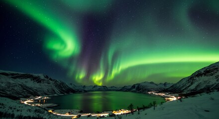Naklejka premium Northern Lights Over Snowy Landscape with Water and Town at Night