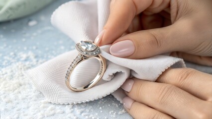 Woman Polishing a Beautiful Ring with a Soft Cloth on a Textured Background, Close-Up (Jewelry)