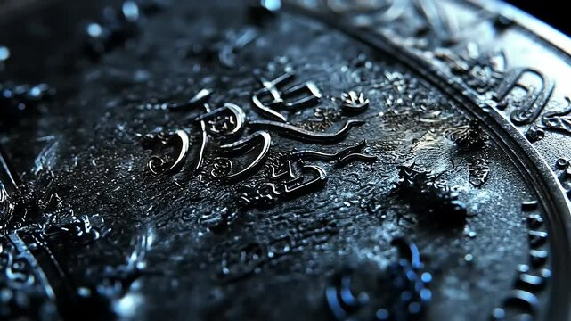 Close-up view of an intricate metallic surface with textured patterns and symbols under soft lighting