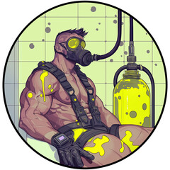 Gay man in gas mask enjoys inhales smell of citric yellow juice. Round picture with pumped up guy who loves masculine men's scent in leather shorts, belts and gloves with bottle (transparent png)