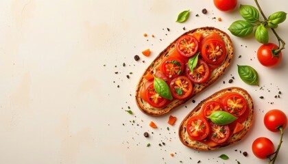 Vibrant bruschetta set in the top right corner on a cream background, in a modern food photography style, with natural warmth, open space, high resolution