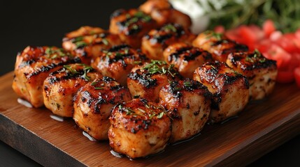 Grilled shrimp skewers on a wooden board with herbs and tomato.
