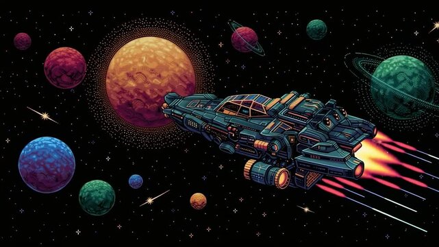 Pixel art spaceship flying through colorful galaxy filled with planets and glowing stars