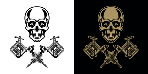 Skull with two crossed tattoo machines set of two styles vector illustration. Perfect for tattoo studio emblems, apparel designs, stickers, and edgy graphic artwork with a rebellious touch