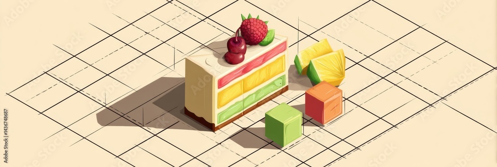 Poster isometric cake slice with fruit cubes showcases vibrant colors and playful design for a whimsical de