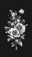 The monochrome illustration of butterflies and flowers is elegant and perfect for incorporating into nature, art, and design projects