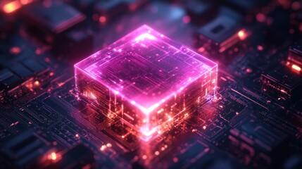 Glowing cube on circuit board background representing technology or artificial intelligence.