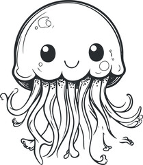 Black and white cartoon illustration of a cute smiling jellyfish with multiple tentacles