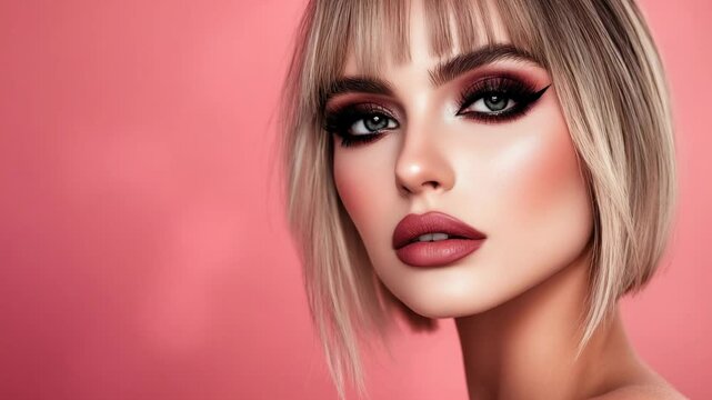Close-up studio shot of a model with a short blonde hairstyle, professional makeup, and glossy lips on a solid pink background