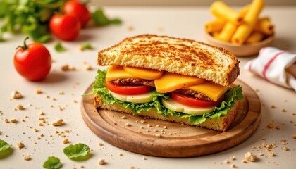Vibrant club sandwich set in the top left corner on a cream background, in a modern food photography style, with warm studio warmth, open space, high resolution