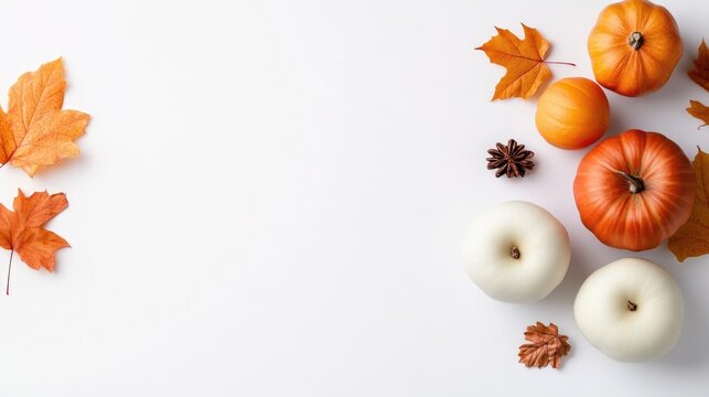 Autumnal display of pumpkins, apples, and leaves on a white background