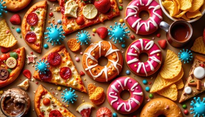 Fototapeta premium A vibrant tapestry of culinary delights slices of pizza, glazed donuts, and crispy chips is overlaid with stylized 3D virus symbols