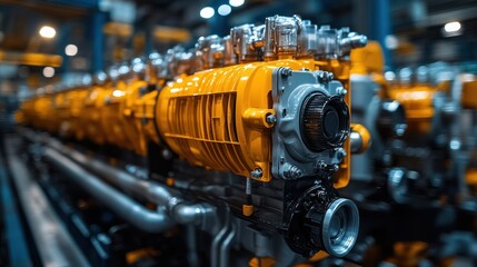 Fototapeta premium Yellow industrial machinery with pipes in a factory setting under bright lights.