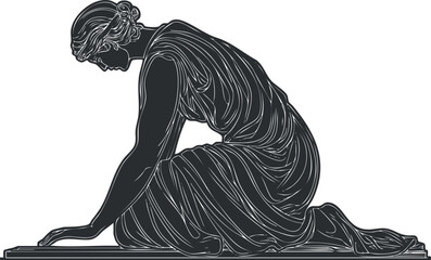 Silhouette of a classical woman statue kneeling in an elegant pose with flowing dress and serene expression