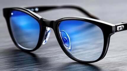 Close-up of stylish black eyeglasses with blue-tinted lenses