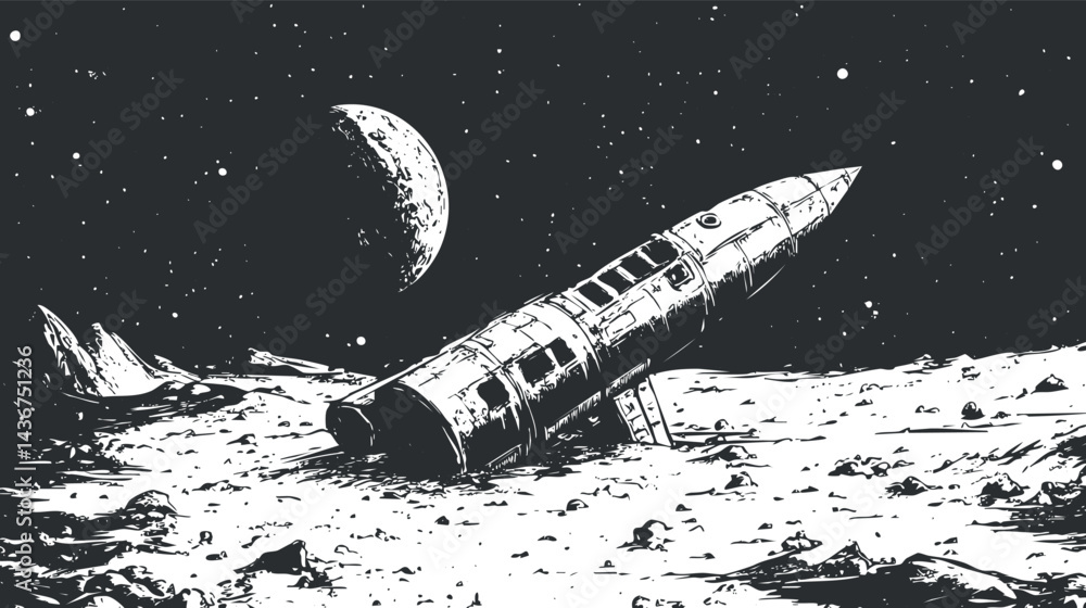 Poster black and white illustration of a crashed rocket on the moon surface with stars and a distant planet