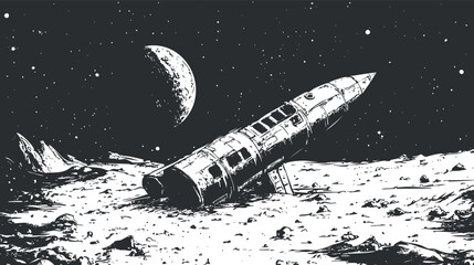 Black and white illustration of a crashed rocket on the moon surface with stars and a distant planet in space. © vadymstock