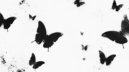 Black butterflies flying, white background, grunge texture, design element