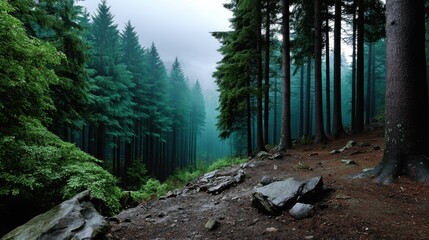 Forest Trail in Misty Coniferous Woods with Rocks and Sparse Underbrush During Daylight