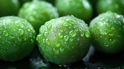 Close-up of green plums covered in water droplets on a dark surface.