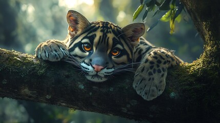 Striking clouded leopard resting on a moss covered tree branch piercing amber eyes glowing in the dim rainforest light hyper detailed fur patterns