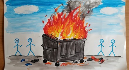 Childs drawing of dumpster fire