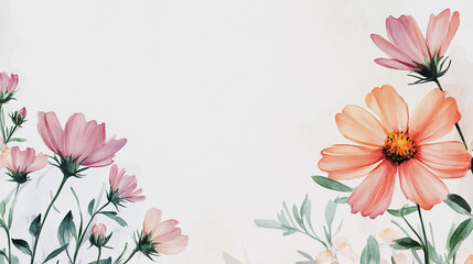 Obraz premium watercolor botanical Cosmos flowers texture template background.Elegant wedding invitation card background . Minimal hand painted Design for wedding or Valentine's Day